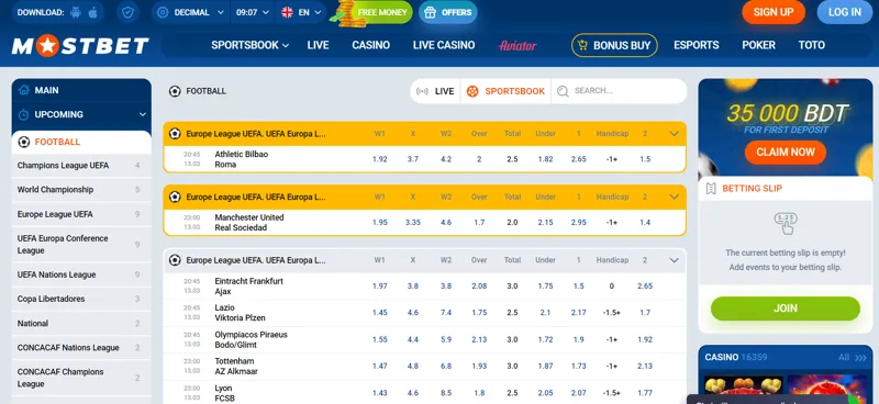 Football line on the MostBet website