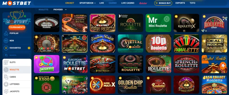 Large selection of roulette games at MostBet online casino