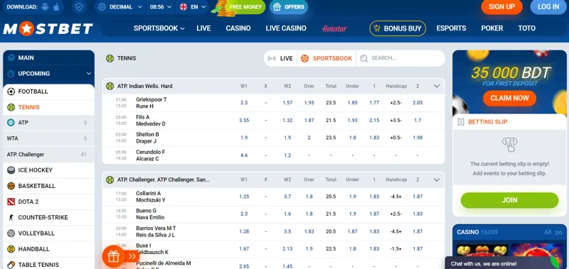 Tennis betting on MostBet